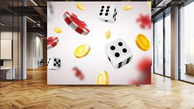 Realistic casino background with flying chips, golden coins and dice. Poker winning money prize explosion. 3d gambling games vector concept Wall mural