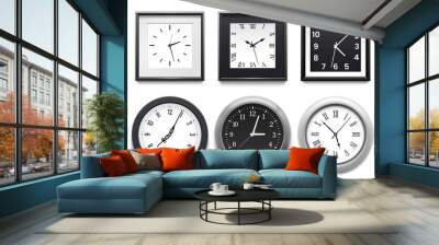 Realistic clock. Modern white round wall clocks, black watch face and time watch mockup. Deadline timer clock, classic watches. Isolated 3d vector illustration signs set Wall mural