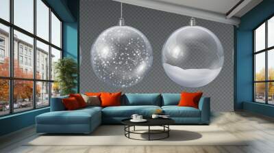 Realistic hanging glass christmas balls empty and with snow. 3d xmas tree decoration, transparent crystal sphere with snowflakes vector set Wall mural