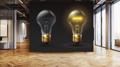 Realistic light bulb. On and off glass electric lightbulbs with filament. 3d lamp with glow effect. Creative or business idea vector concept Wall mural