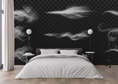 Realistic wind blow swirls, smoke air or hot steam. Curved flow waves, mist, aroma or perfume clouds effect. White blowing stream vector set Wall mural