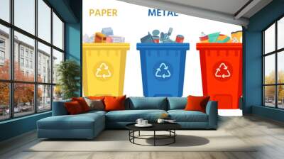 Recycling bins. Containers with separated garbage. Trash cans for plastic, glass, paper and organic. Segregate waste vector illustration. Garbage recycling, organic recycle box for trash material Wall mural