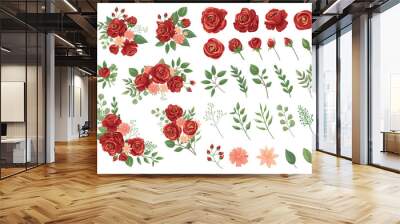 Red floral bouquet. Burgundy rose flower, vintage roses bouquets and spring flowers vector illustration set Wall mural