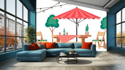 Restaurant patio. Summer outdoor cafe terrace with wooden table and chairs, cozy lounge cafeteria scene with plants and garland. Vector illustration Wall mural