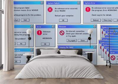 Retro error message. Old user interface system failure window, fatal and critical errors messages. Damaged computer problem warnings vector set. Failed operations or OS crash widgets with buttons. Wall mural