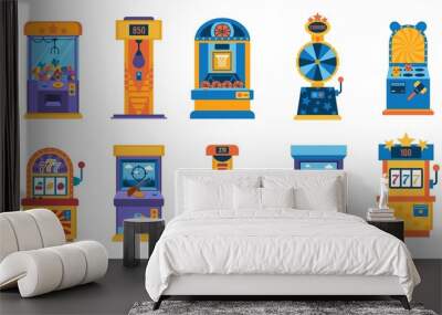 Retro game machine. Gaming computer, mini basketball, crane machine and retro gambling amusement device. Vector 90s retro machinery set Wall mural