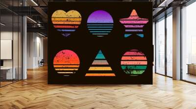 Retro striped sunset prints in heart, star and circle shapes. 80s t-shirt design with beach sunrise. Geometric sea surfing logo vector set Wall mural