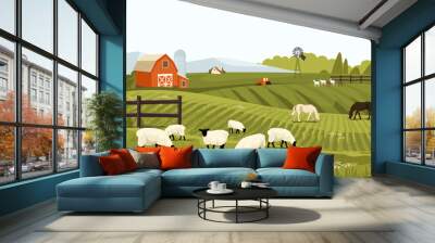 Rural spring landscape countryside with farm field with green grass, flowers, trees. Farmland with house and windmill. With farm animals horse and sheep. Outdoor village scenery. Vector background Wall mural