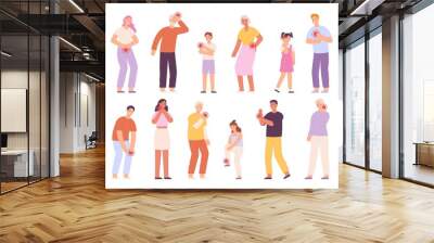 Sad adults, elders and kids with pain in neck, stomach and headache. Cartoon people with hurting back, wrist, throat and chest vector set Wall mural