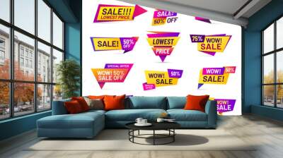 Sale badges. Discount price tag sticker, vivid advertising offer and sales wow badge. Offers promo label, retail promotion poster or shopping banner coupon. Isolated vector icons set Wall mural