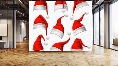 Santa Claus hats. Christmas red hat, xmas furry headdress and winter holidays head wear decoration 3D vector set Wall mural