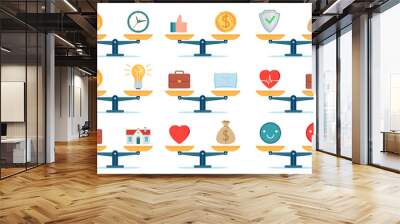 Scales work balance. Time is money, home and business, job and family life, price and idea comparison. Flat icon choice concept vector set. Illustration scale balance, idea and home life, job and time Wall mural