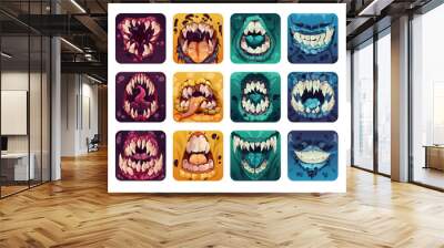 Scary mouth logo. Creepy colorful monster teeth cartoon style, comic horror alien zombie smile tongue for game design GUI assets. Vector fantasy set Wall mural