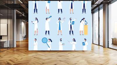 Scientists people. Science lab worker, chemical researchers and scientist professor character. laboratory creative scientist job, medicine workers characters. Isolated flat vector icons set Wall mural