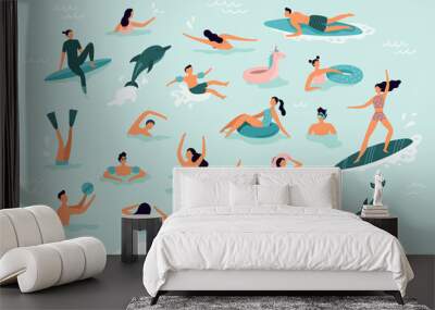 Sea swimming. Active people diving, swim with dolphins and surfing. Summer ocean swimming vector illustration Wall mural