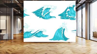 Sea wave. Vintage ocean waves, blue water tide and tidal wave hand drawn vector illustration set Wall mural