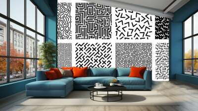 Seamless geometric pattern. Striped labyrinth, 80s style texture and abstract digital maze patterns. Ink geometrical doodle, trendy memphis fabric. Isolated vector icons set Wall mural