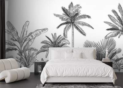 Seamless horizontal tropical background. Hand drawn palm trees, sketch exotic tropic jungle leaves and paradise palm tree vector wallpaper illustration. Exotic palm tree botanical, rainforest foliage Wall mural