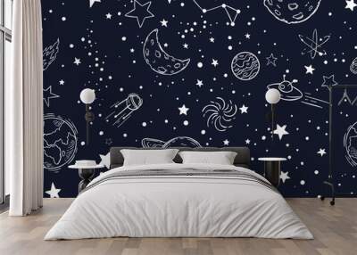 Seamless night sky stars pattern. Sketch moon, space planets and hand drawn star vector illustration. Astronomy symbols decorative texture. Cosmic wallpaper, wrapping paper, textile outline design Wall mural