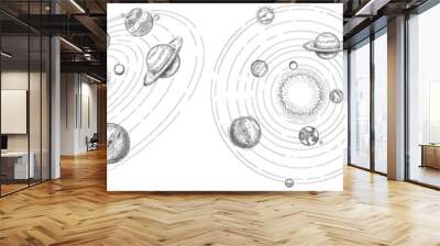 Sketch solar system. Hand drawn planets orbits, planetary and earth orbit vector illustration set. Astronomy themed coloring book drawings pack. Celestial bodies orbiting around sun in center Wall mural