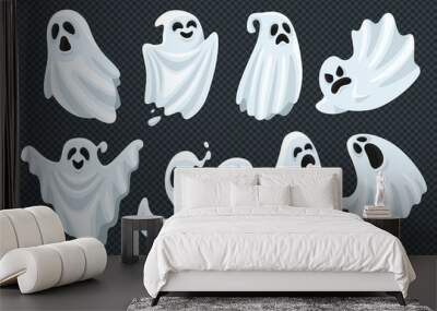 Spooky halloween ghost. Fly phantom spirit with scary face. Ghostly apparition in white fabric vector illustration set Wall mural