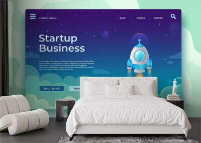 Startup launch landing page. Rocket launch, easy business start and futuristic space travel vector concept illustration Wall mural