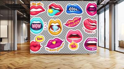 Sticker lips. Provocative girl mouths cartoon sensual stickers. Girls fashion patches. Provocation woman mouth illustration vector set Wall mural