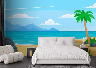 Summer beach background. Sandy seashore, sea coast with palm tree and vocation seaside travel vector cartoon backdrop illustration Wall mural