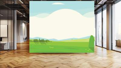 Summer meadow background. Farm panorama with rural flowers, countryside scenery with trees and grass, cloud bunner for text. Vector illustration Wall mural