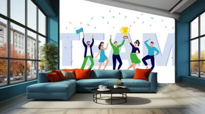 Team of corporate people celebration. Happy office workers celebrate win golden cup, teamwork trophy and success persons. Businessman celebration festival party flat vector illustration Wall mural