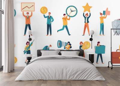 Tiny business people. Employee women and men with big money, light bulb, star, gear and magnifier. Office small work characters vector set. Illustration people success with money and star Wall mural