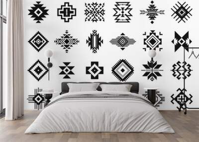 Tribal elements. Monochrome geometric american indian patterns, navajo and aztec, ethnic ornament for textile decorative ornament vector set. Black cultural national symbols, art decoration Wall mural