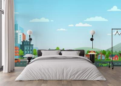 Urban road with cars landscape. City road traffic, big city buildings, suburban houses and wild nature landscape. Residential and road panorama, transportation district vector illustration Wall mural