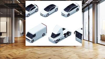 Various isometric car. Logistic delivery vehicles with cargo trailer, truck van car and motorcycle for transport company. Vector set. Different automobiles for personal usage, rental company Wall mural