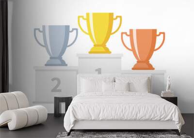 Winner podium with trophy cups. Gold, silver and bronze goblets on sports pedestal. Competition and goal achievement vector business concept Wall mural