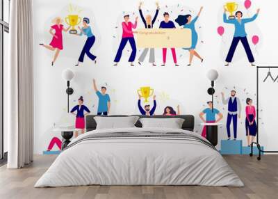 Winners people. Happy couple win gold cup, office workers team win cash check and successful winner standing on podium. Teamwork employee reward. Flat isolated vector illustration icons set Wall mural