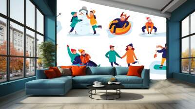 Winter kids activities. Snow games, smiling little girls and boys in winters clothes fun outdoors. Christmas holidays activity, making snowman or skiing. Isolated vector illustration icons set Wall mural