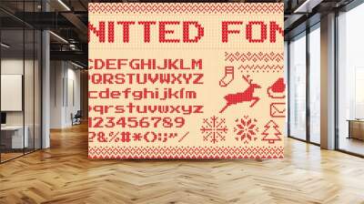 Winter sweater font. Knitted christmas sweaters letters, knit jumper xmas pattern and ugly sweater knits. Norwegian holiday knit sweater abc and number, new year jumper vector illustration signs set Wall mural