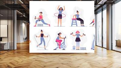 Woman at sport gym. Vector illustration set. Female run on treadmill, equipment for fitness in gym, workout people, training exercise collection Wall mural