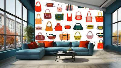 Women handbags. Fashionable leather bag isolated cartoon vector set. Bags and luxury clutch with zippers and pockets, handles. Casual lady stylish and elegance accessory big collection. Wall mural