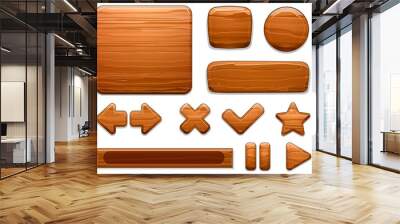 Wooden UI. Wood textured plate frame, cartoon banner panel and game buttons. Arrow, star and play stop button vector illustration set. Assets of different shapes, kit for playing, gui elements Wall mural