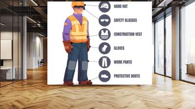 Worker in safety equipment. Construction engineer wearing protective clothes and tools, helmet boots glasses. Vector workman safety gear illustration Wall mural