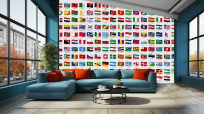 World national waving flags. Official country signs with names, countries flag banners. International travel symbols, geography or language lesson flags emblem. Isolated vector signs set Wall mural