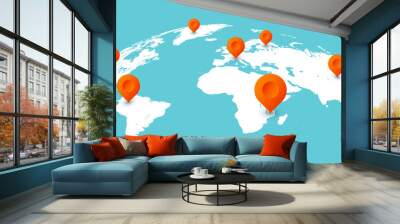 World travel map. Pins on global earth maps, worldwide business communication isolated concept illustration Wall mural