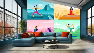 yoga exercise on nature. relax outdoors exercises, healthcare fitness and healthy lifestyle. yoga po Wall mural