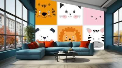 Cute cartoon animals panda, tiger, cat, rabbit, sloth, pug, bear, lion, zebra and koala, kawaii flat style. Wall mural