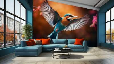 A beautiful and colorful tropical bird sitting on a tree branch Wall mural