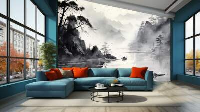 A minimalistic landscape painting in traditional japanese or chinese art style Wall mural