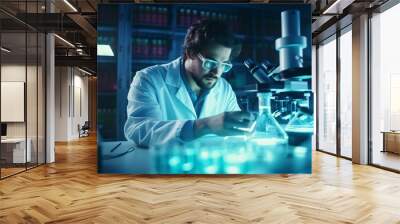 A scientist researching in the lab with a microscope Wall mural