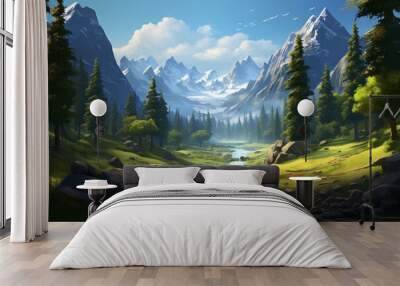 cartoon illustration of nature and landscape in a graphic Wall mural